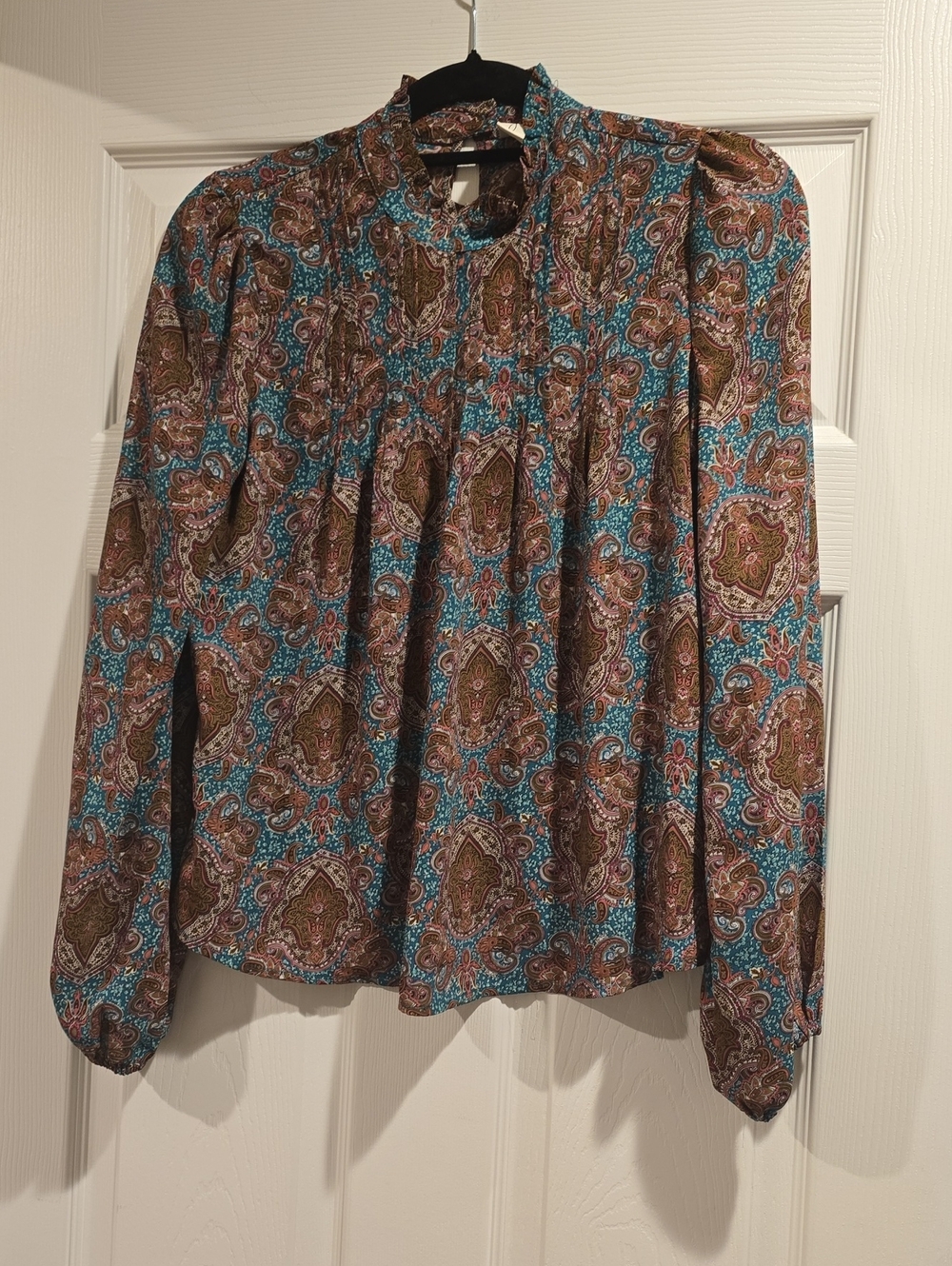 Joie Paisley High-Neck Blouse in Teal and Brown